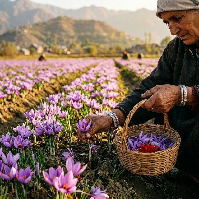 Saffron harvesting in Pampore, Kashmir